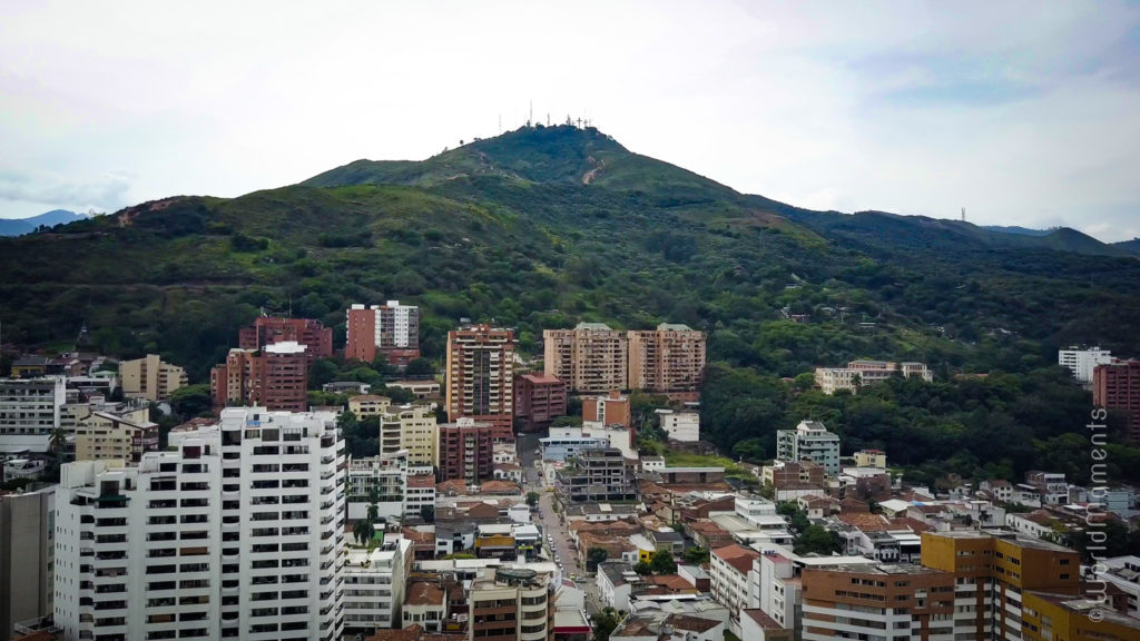 cali tres cruces mountain with city drone view