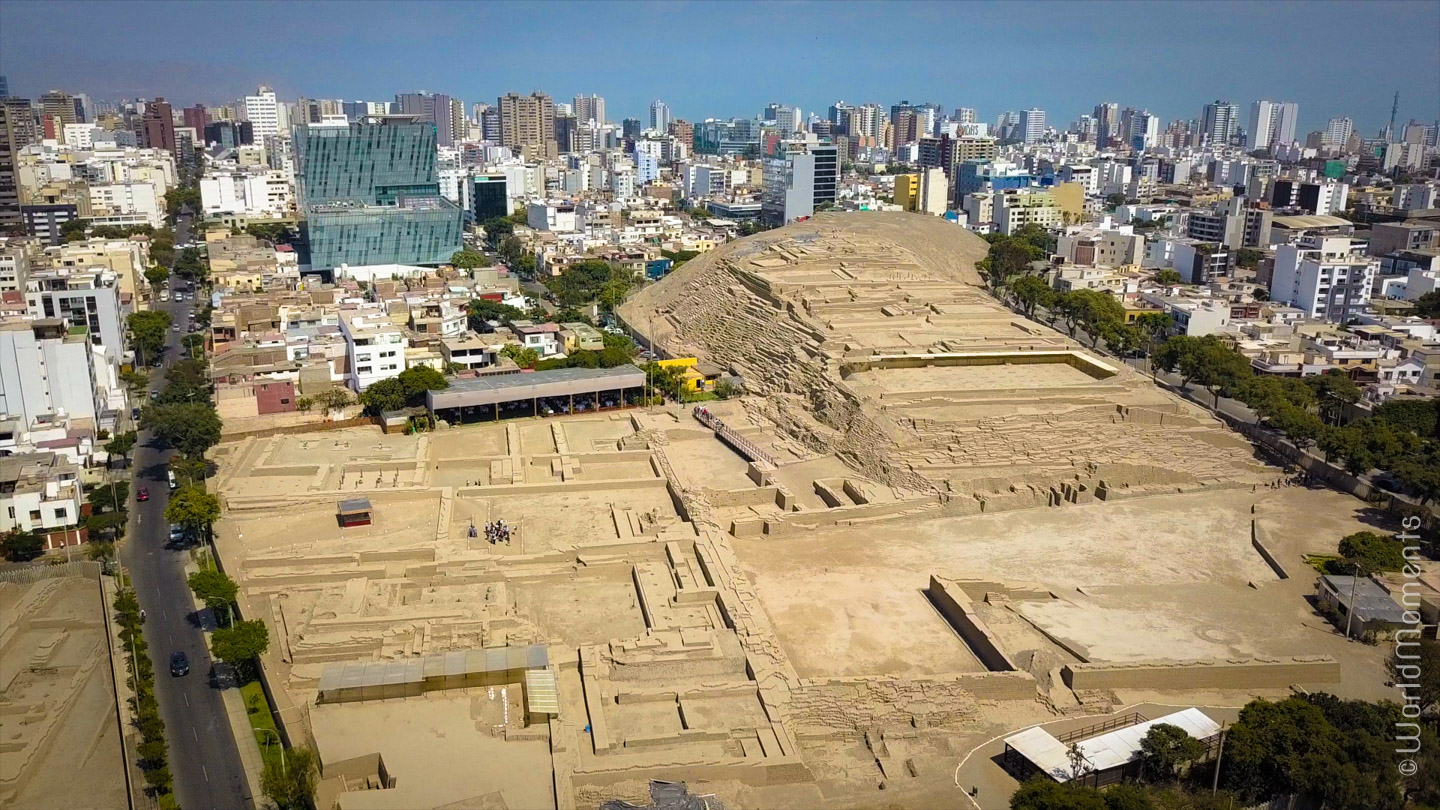 view of huaca pucilana shot by drone