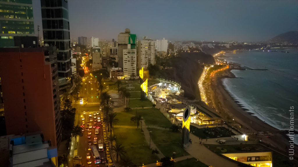 lima larcomar evening drone view with ocean