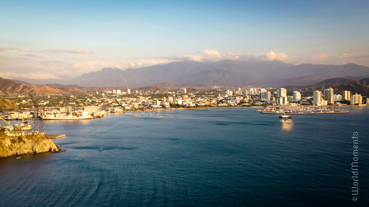 Santa Marta centro view from the sea shot with drone